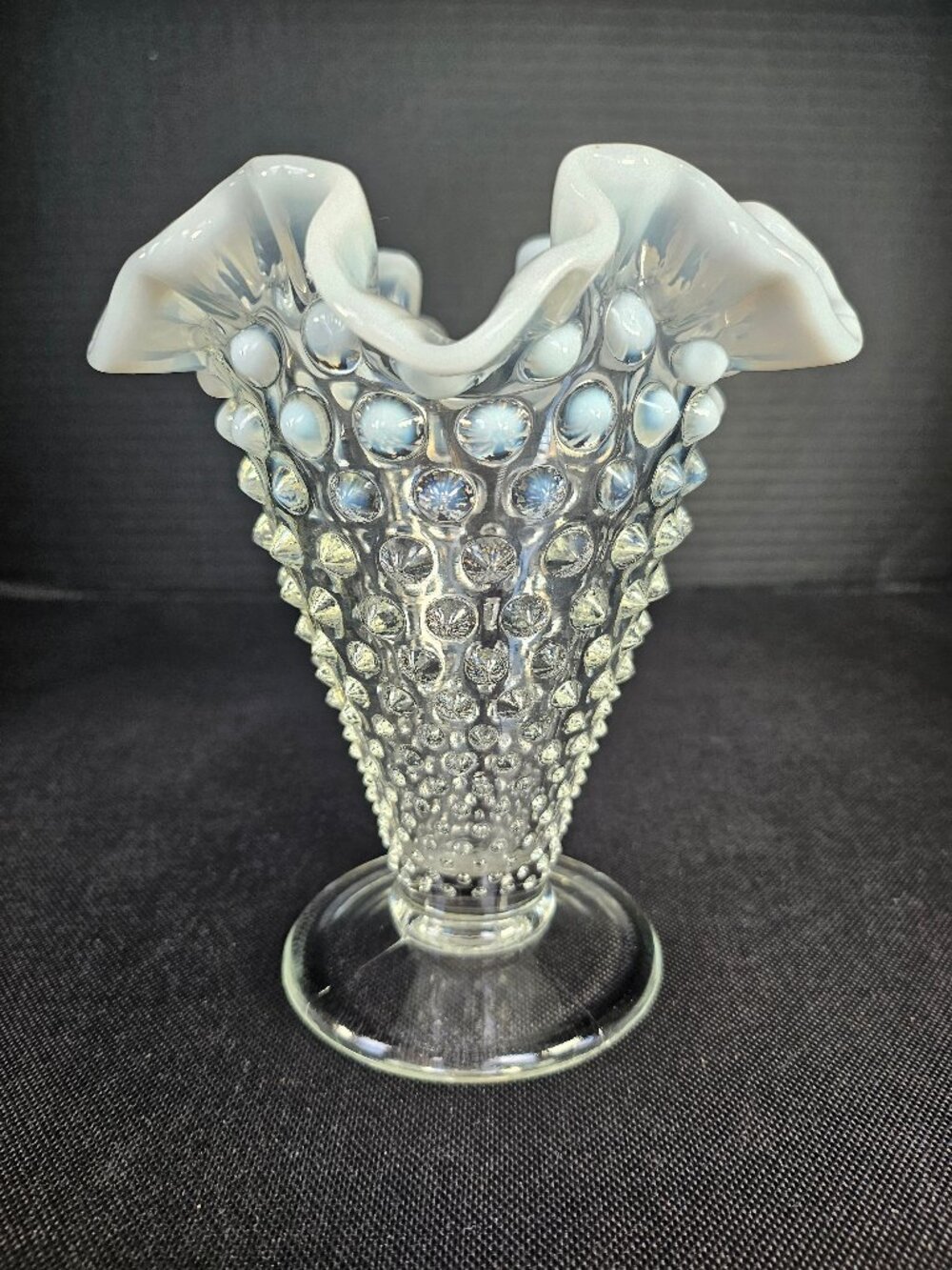 Fenton Hobnail White Opalescent Moonstone Art Glass Ruffle Trumpet Vase 5.75"